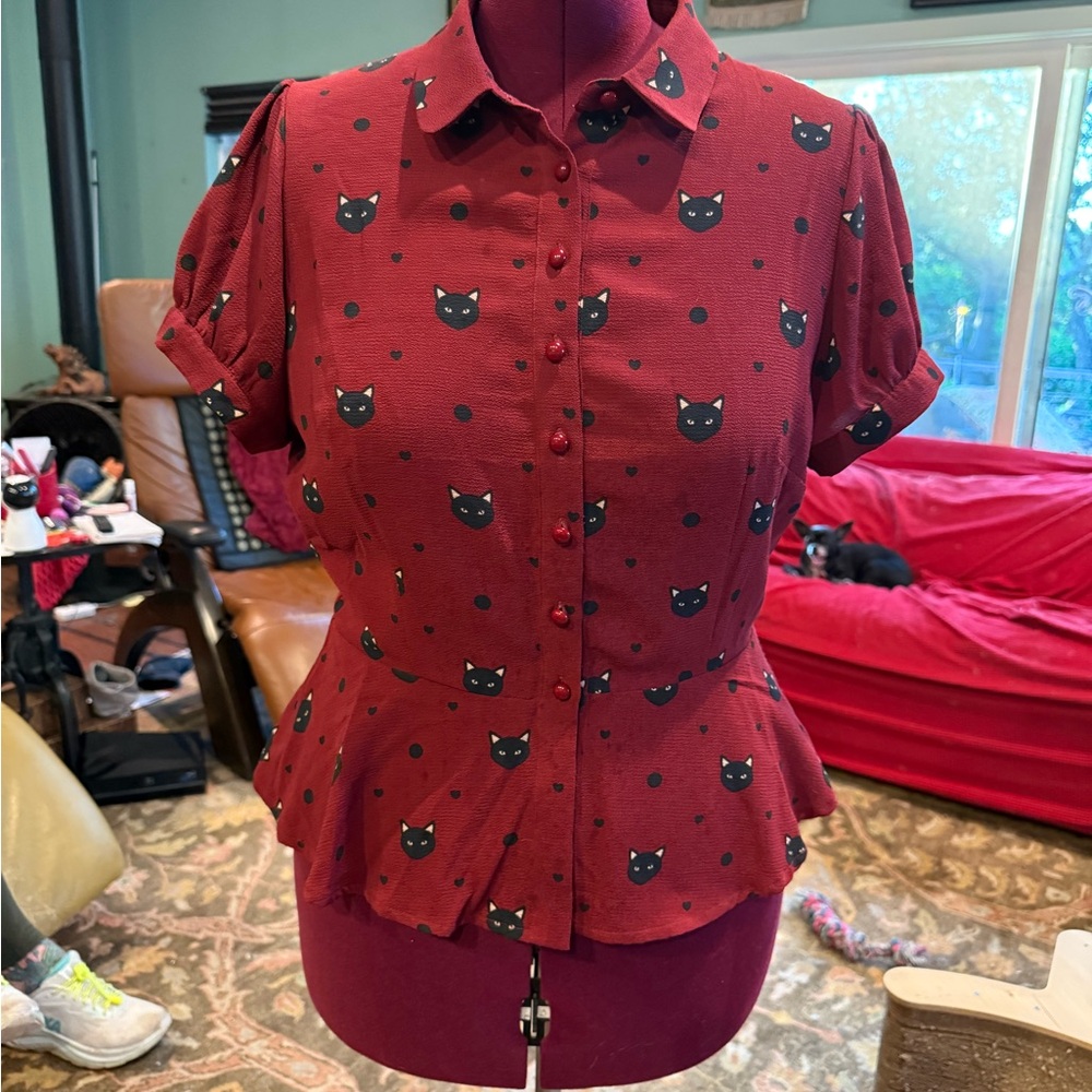 Collectif Burgundy Cat Print Blouse
